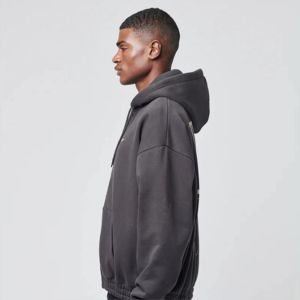 100% coton pleine fermeture éclair rue fumée gris surdimensionné sweats à capuche zippés 100% coton 450 GSM poids lourd personnalisé sérigraphié sweats à capuche - Product Image 3