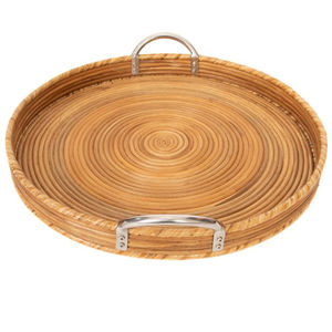 Plateau de service en rotin avec poignées en métal, forme ronde, plateau tissé élégant pour la maison et la cuisine, utilisation sur table, idéal pour la vente - Product Image 1
