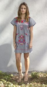 Mini vestido bohemio Chic para mujer, vestido de cambio bordado mexicano de cuello redondo, de talla grande, gris, cintura Natural, tejido transpirable - Product Image 3