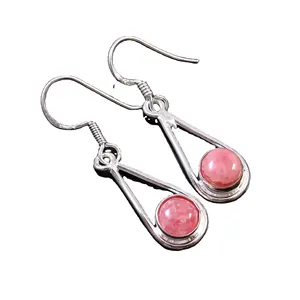 Natural Gemstone Pink Rhodonite Round Cabochon 925 Sterling Silver Dangle Earrings Wholesale Rhodonite Silver Earring