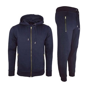 Survêtement de sport respirant deux pièces bleu marine coupe standard avec logo personnalisé, 66 % coton, 34 % polaire, en vente - Product Image 1