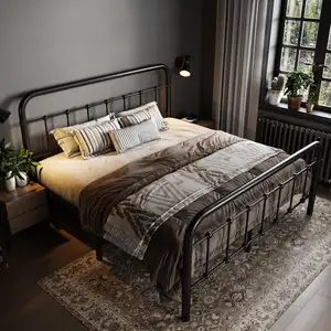 공장 도매 가격 빅토리아 디자인 스타일 금속 침대 프레임 머리판이있는 침실 가구