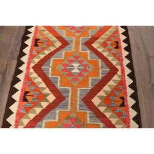 พรมคิลิมวินเทจ ขนาด 3x11.6 ฟุต สีแดงส้ม ลายต้นไม้และพืช พรมขนสัตว์ตุรกี - Product Image 3