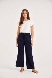 2023 femmes meilleure qualité respirant décontracté coton lin haut pantalon élastique couleur unie jambe large mi plat Design pour l'été - Product Image 2