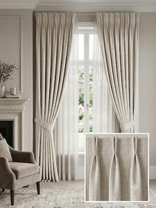 Cortinas Modernas Beige con Ojales y Cordones, Juego de 2 Paneles, Cortinas Opacas Translúcidas Tejidas para Sala de Estar - Product Image 1