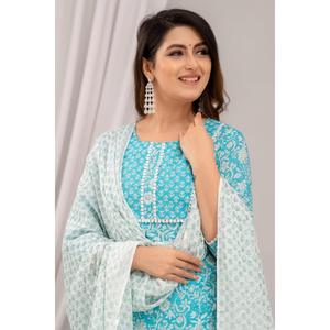 Light Blue Chiffon Floral Print Kurta with Yoke Design Three Quarter Sleeves & Coordinating Trousers & Dupatta - Product Image 5