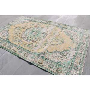 Turkish Vintage Large Rug 5.9x9.4 ft, Green <b>Yellow</b> Solid Rug - Product Image 2