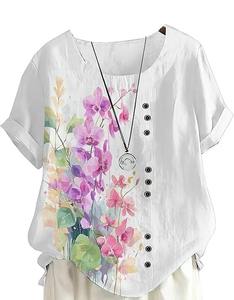 เสื้อยืดลำลองผู้หญิง คอโอ แขนสั้น ผ้าฝ้าย พิมพ์ลายดิจิทัล สำหรับฤดูร้อน ผ้าถักเนื้อนุ่ม ระบายอากาศได้ดี 100% ย้อมสีพื้น ผลิตด้วยเครื่องจักร - Product Image 1