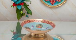 Bol de fruits secs en laiton fait à la main de 5 pouces ustensiles de cuisine décoratifs écologiques concepteur de paon cadeau de travail de sculpture multicolore - Product Image 2