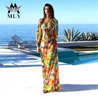 Nieuwe collectie print strandkleding, 2-delige dames set met strik, badpak omslagdoek