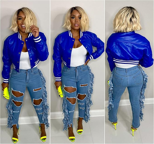 เสื้อแจ็คเก็ตวาร์ซิตี้แขนยาวสำหรับผู้หญิง ราคาขายส่ง ตัวเสื้อทำจากผ้าขนสัตว์ แขนเสื้อทำจากหนัง รับสกรีนโลโก้ มีไซส์พลัส - Product Image 2