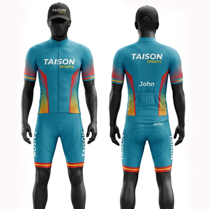 Tenue de cyclisme pour hommes en tissu polyester premium 200 GSM respirant, design à panneaux dégradés bleu sarcelle, rouge et jaune, logo personnalisé par sublimation - Product Image 1
