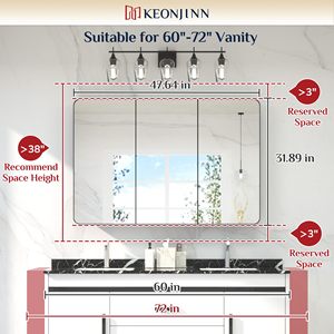 Gabinete de espejo de baño rectangular de tres puertas, marco de aluminio plateado, esquinas redondeadas, montado en la pared, almacenamiento interior, - Product Image 3
