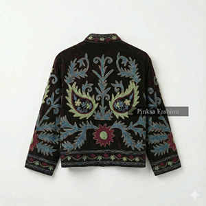 Veste Suzani en velours de coton tricoté à la main |   Manteau d'automne/hiver bohème pour femmes |   Broderie à motifs floraux écologiques - Product Image 5