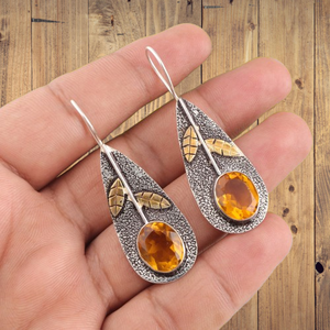 Niharika Gems Vintage 925 Silver Drop <b>Earrings</b> With Handmade <b>CITRINE</b> Stone And Leaf Design For Women Everyday Wear - Product Image 3