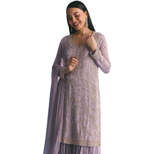 Venta al por mayor lavanda Chinon Kurta Sharara con Cutdana Dupatta para la fiesta de la boda desgaste recepción festiva y pedidos étnicos personalizados - Product Image 3