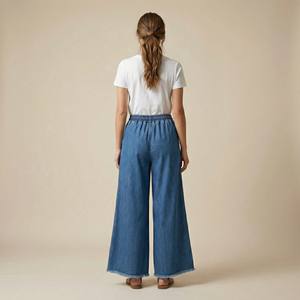 กางเกงยีนส์สีขาวลำลองสำหรับฤดูร้อน ทรงขากว้าง ยืดหยุ่น ระบายอากาศได้ดี ทรงหลวม เอวยางยืด มีเชือกผูก ขอบรุ่ย ฟรีไซส์ - Product Image 2