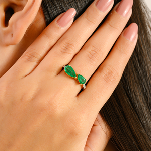 Bonne qualité Design Unique Double poire forme émeraude et diamant véritable K14 or jaune bague en pierres précieuses unisexe bijoux empilables - Product Image 4