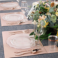 Services de traiteur direct usine : Ensembles de vaisselle jetables en plastique or rose pour 25 invités, sans BPA, écologiques, pour mariages et événements.