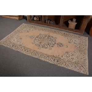 Classic Oriental Beige Wool Rug 3.6 X 6.6 ft Handmade Vintage Turkish Patchwork Design Latex Rectangular Hallway for Bedside Use - Product Image 3