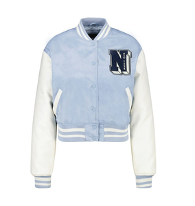 Chaqueta universitaria azul claro y blanca, chaqueta bomber con letras de gran tamaño con parche N, chaqueta de moda urbana elegante para mujer - Product Image 1