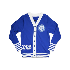 Ropa Griega de Hermandad con Logotipo Bordado, Ropa Personalizada, Zeta Phi Beta, Cárdigan Informal de Invierno con Cuello en V y Lentejuelas Azul Rey, Ribete Blanco - Product Image 3