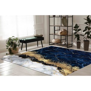 Tapis en marbre bleu marine : Décoration moderne pour salon, avec tapis à poils doux - Product Image 2