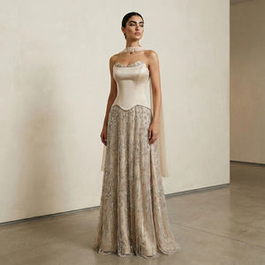 Abito da sera Jancember LSZ627 color champagne con perline di cristallo, abito da ballo senza spalline a trapezio, Vestido De Noche, per feste di fidanzamento formali - Product Image 1