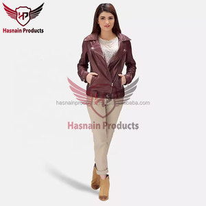 Womens Real Maroon <b>Leather</b> Biker <b>Jacket</b> Asymmetric Zip Lapel Collar Sheepskin Coat Zipper Pockets Slim Fit Custom Outwear Look - Product Image 6