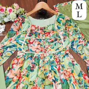 Mujeres Algodón Verano Boho Fiesta Urbano Cóctel Floral Largo Kurti Conjunto Con Pantalón Maxi Vestido - Product Image 6
