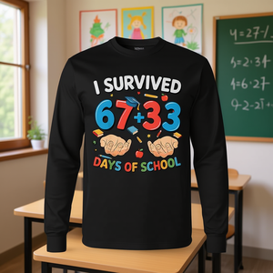 T-shirt a maniche lunghe "Sono sopravvissuto a 100 giorni di scuola" 67/33/Six Seven Hands Meme Promotional Six Pack - Product Image 3