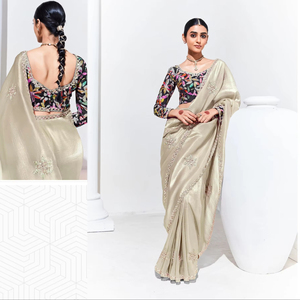 Vêtements de créateur pour femmes Saree en soie de haute qualité Tissu de verre souple Bordure brodée Style traditionnel moderne pour mariage indien - Product Image 1
