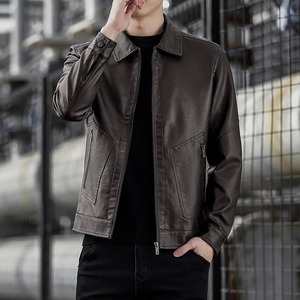 Chaqueta de cuero PU a prueba de viento para motociclista con estilo para hombre, abrigo de lona ajustado con cuello levantado para ropa informal - Product Image 6