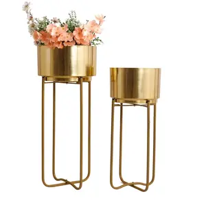 Paar Metalen Vergulde Plantenbakken Met Opvouwbare Stand Ronde Vorm Elegant Indoor Luxe Huis Leefruimte Decoratieve Pot