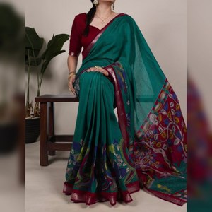 Sari Tradicional Chanderi con Estampado Floral, Poliéster Viscosa con Trabajo de Tejido Zari para Mujeres, Ropa de Fiesta para Adultos - Product Image 1