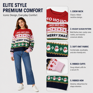 Women's Oversized Christmas <strong>Jumper</strong> Knitwear <strong>Red</strong> White <strong>Green</strong> <strong>Striped</strong> Snowman Pattern Ugly Christmas Sweater Custom Manufacturer - Product Image 3