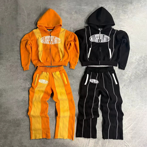 Custom Cut Edge Screen Print Hoodie Streetwear Manufacturer Stripped Heavyweight Cotton Flared Tracksuit Set - Product Image 4