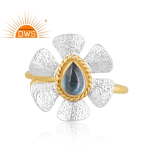 Último diseño hecho a mano 18K chapado en oro natural Topacio Azul piedra preciosa anillo apilable Demi joyería fina fabricante - Product Image 2