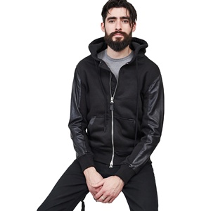 เสื้อมีฮู้ดแขนหนังสำหรับผู้ชายเสื้อมีฮู้ดสีดำระบายอากาศได้ดี - Product Image 4