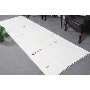 Alfombra turca vintage moderna de lana de tejido plano blanco de 32x10,9 pies con respaldo de látex para decoraciones de sala de estar - Product Image 1