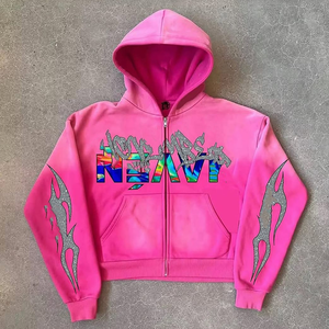 Sweat à capuche zippé personnalisé avec strass 400gsm Sweats à capuche graphiques pour hommes Pantalon de survêtement unisexe à capuche rose avec strass Fabricant - Product Image 2