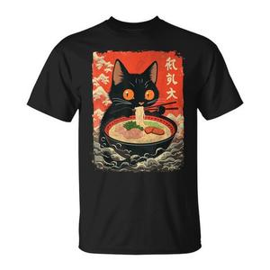 T-shirt unisexe pour adulte à manches courtes et col rond avec impression numérique, motif chat Neko mangeant des nouilles ramen, style anime kawaii japonais - Product Image 1