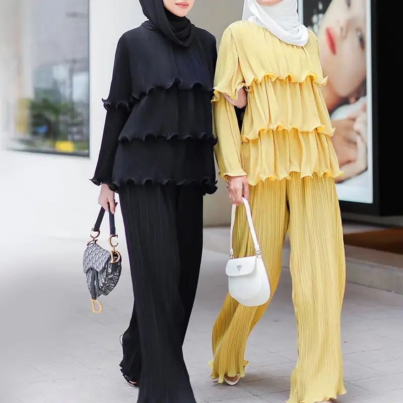 Dubai Turkey Pleated Ruffled Top+Wide-leg Pants Baju Kurung Bordir Malaysia Set Fashion Luxury Muslim Women Suit