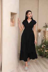 100% rayonne été col en v Maxi robe pour femmes dames cheville longueur à plusieurs niveaux ample décontracté à manches courtes solide uni teint robe noire - Product Image 4