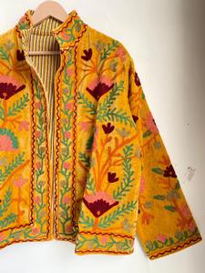 Jaune velours coton Suzani broderie Boho hiver veste florale moderne luxe haute qualité unisexe vêtements d'extérieur décontractés superposition - Product Image 2