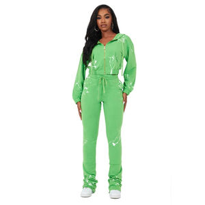 Sweat à capuche zippé à motif solide pour femmes et ensemble de pantalons de survêtement évasés à col montant - Product Image 2