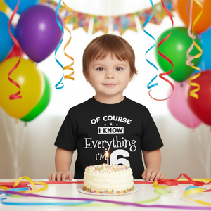 T-shirt pour enfants 6e anniversaire à manches courtes et col rond unisexe imprimé en sérigraphie Everything I Know I'm 6 - Product Image 3