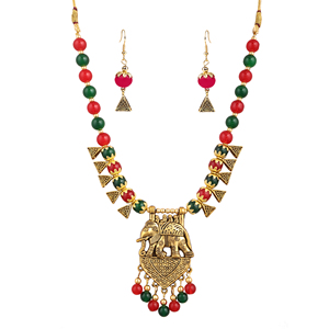 Parures de bijoux fantaisie motif éléphant oxydé, couleurs vert et bordeaux - Product Image 4