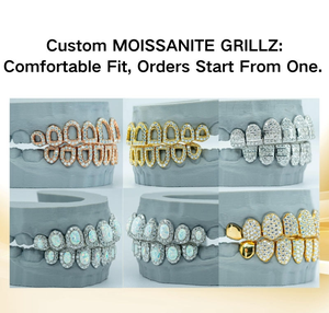 Grillz dentaires personnalisés en moissanite, ensemble complet (supérieur et inférieur), style 'Iced Open Face', coupe princesse opale, en argent 925 et or, bijoux dentaires - Product Image 6