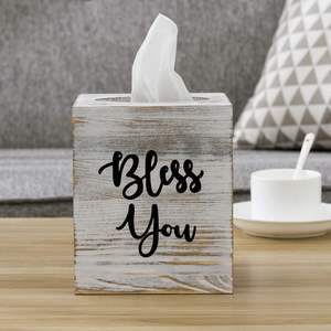 Caja de pañuelos cuadrada de madera maciza lavada blanca, dispensador de pañuelos decorativo, decoración de baño con diseño Bless You y fácil - Product Image 4